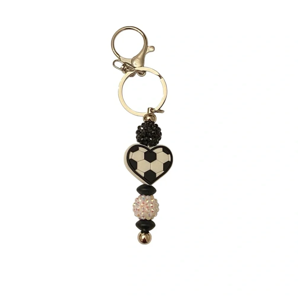 Hand Crafted Beaded Soccer Ball Heart Black and White Heart Key Holder